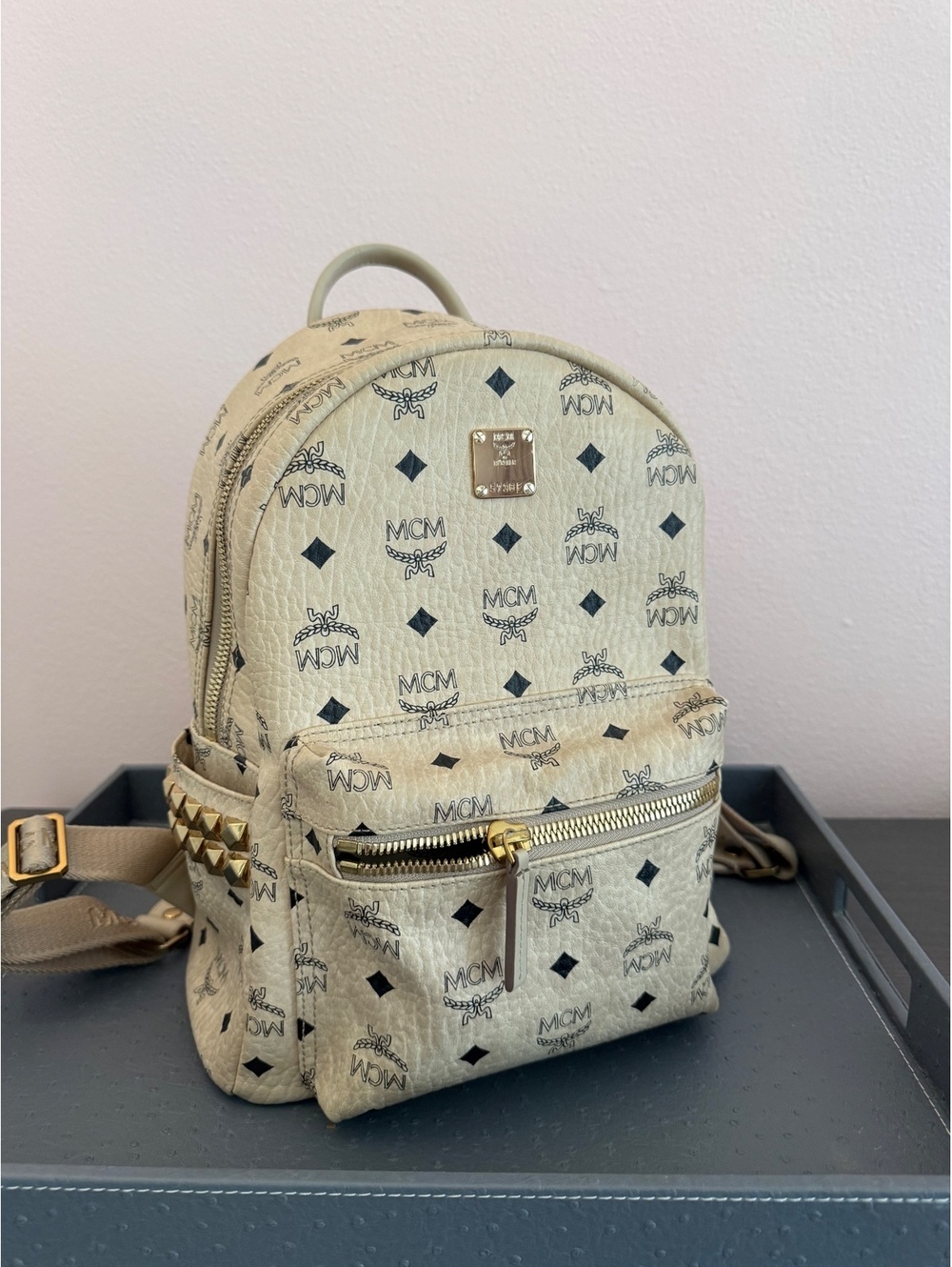 MCM Stark Mini Backpack White Visetos Side Stud Leather Bag Authentic w/Cards